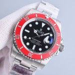 Rolex Submariner series, black dial, red bezel, 41mm, silver Oyster bracelet.